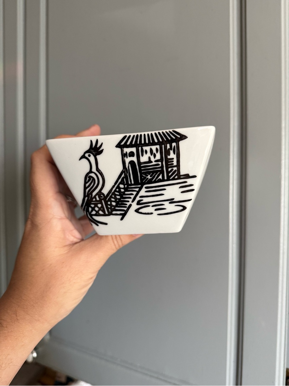 World Market White Ceramic Bowl with Black Scenic Illustration